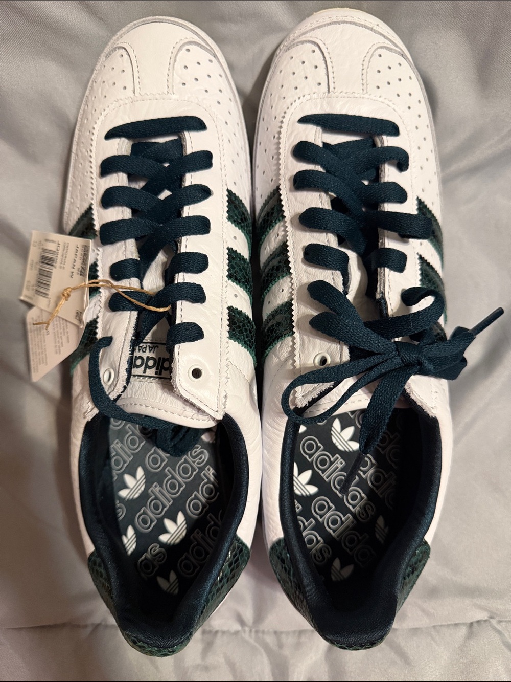 adidas Japan White Sneakers with Dark Green Stripes and Laces